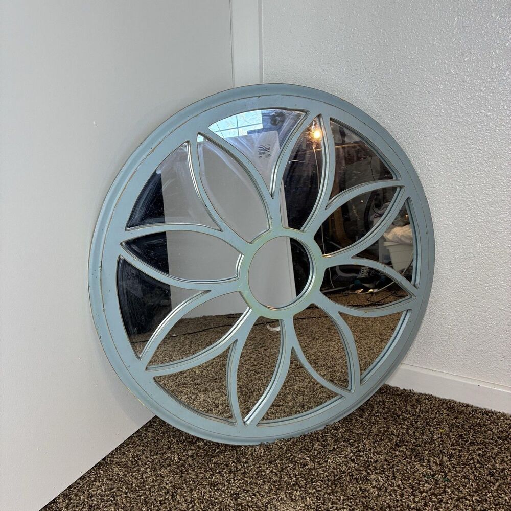 Round Blue Wood Floral Petal Accent Wall Mirror Shabby 24in Decor Cottage